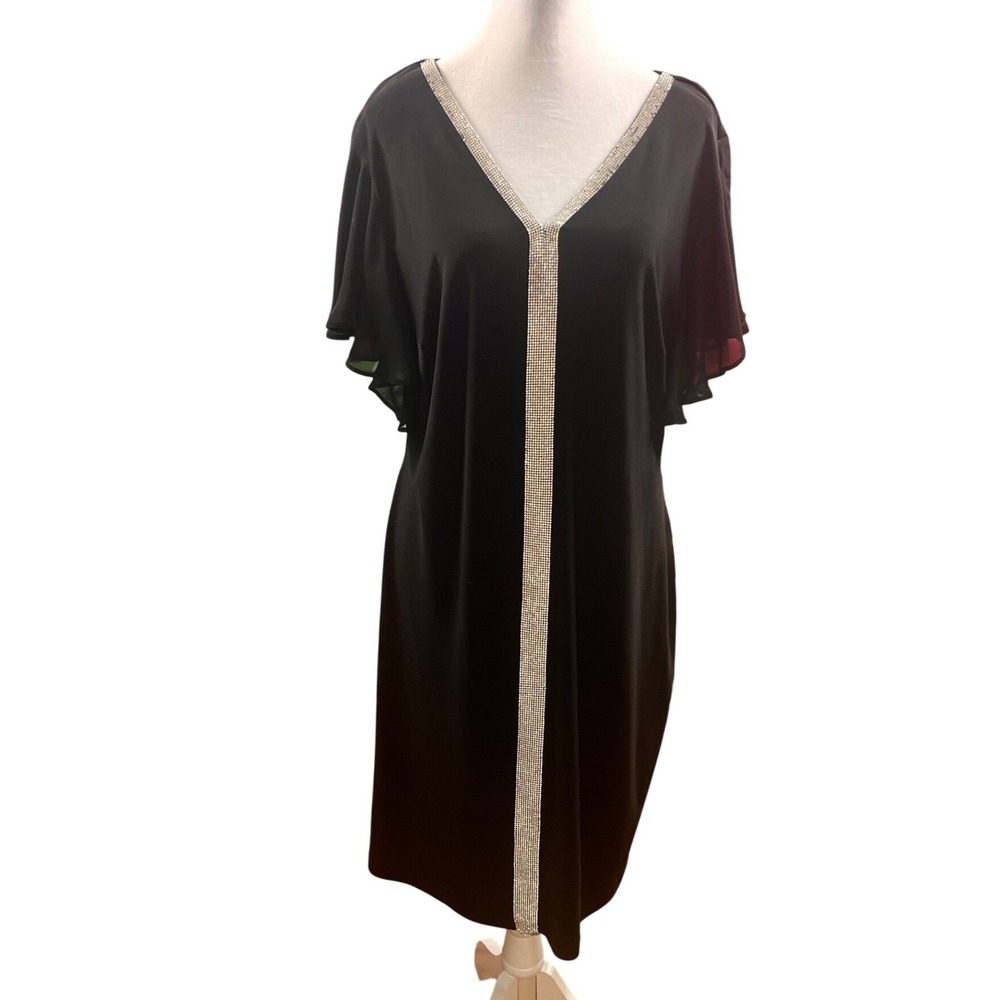 ❤️MSK Womens XL Black Rhinestone V-Neck Flutter Sleeve Cocktail Shift Dress NWI